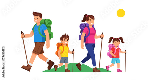 Family Trailblazer: A Vibrant Illustration Of Hiking Adventure Under The Night Sky