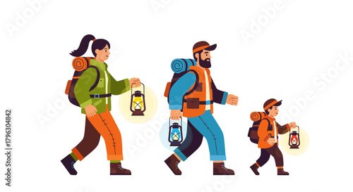 Family Trailblazers Trekking In The Night With Lanterns On The Mountain