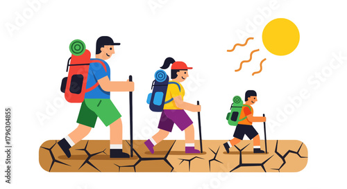 Family Trekking Adventure In Sunny Desert Environment With Backpacks and Hiking Poles