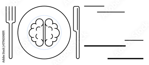 Brain placed on a plate with fork and knife, suggesting nourishment or cognitive focus. Ideal for mental health, psychology, self-improvement, mindfulness, diet, wellness creativity. Simple flat