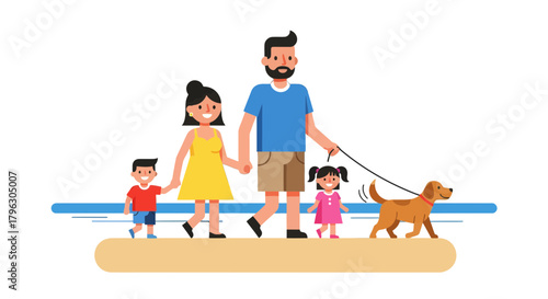 Family Walking Their Dog, Enjoying Time Together, Representing Family Bonding