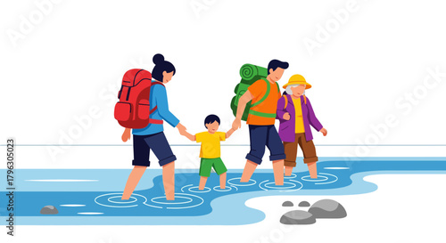 Family Expedition: Navigating Water, An Illustration of Togetherness, Adventure and Exploration