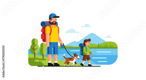 Family Expedition: Father, Son, and Dog Embark on a Joyful Journey Through Nature.
