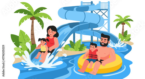 Family Enjoying Water Park Fun, Slides, Summer Adventures and Beach Relaxation