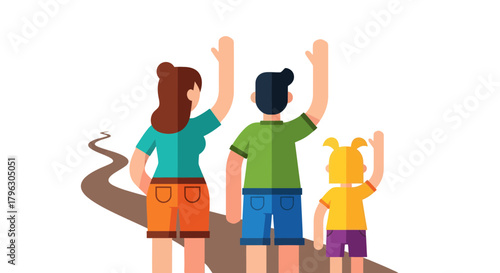 Family Walking Towards A Journey, Waving Goodbye, And Going On An Adventure
