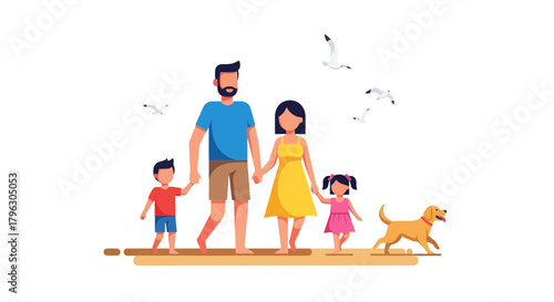 Family Walking With Pets and Birds at Beach in a Vibrant Summertime Illustration
