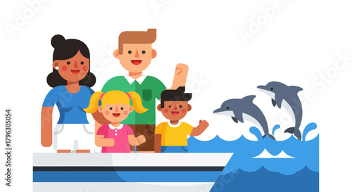 Family Watching Dolphins Jump From a Boat During Vacation Adventure with Joy