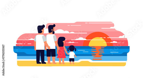 Family Watching The Sunset Over The Ocean In A Vibrant And Stylized Illustration