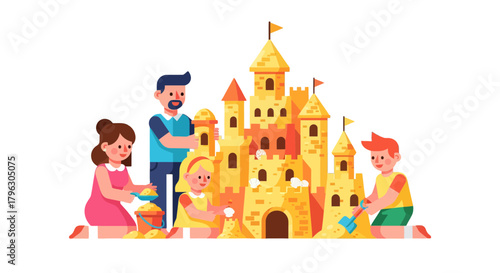 Family Fun Building A Monumental Sandcastle Together On The Beach During Summer Break