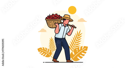 Farmer Carrying Basket Of Harvested Fruits Under The Sun In Fields Illustration