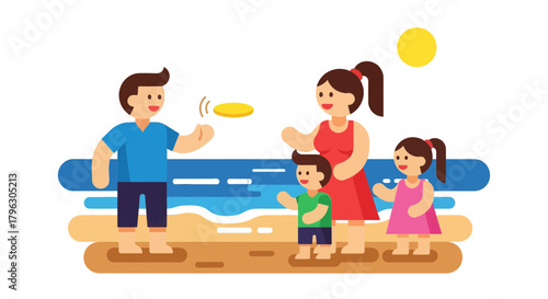 Family Fun On The Beach Playing With Frisbee Under The Bright Sun at Sunset