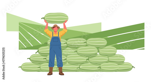 Farmer Displaying Harvested Melons Proudly After Successful Cultivation Season