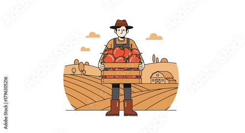 Farmer Displaying Freshly Harvested Tomatoes in a Rustic Wooden Crate on a Sunny Farm