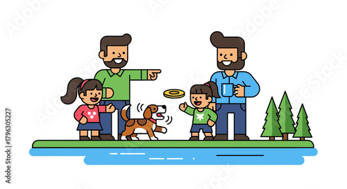 Family Fun Day With Frisbee, Dog, And Coffee In A Tranquil Park Environment