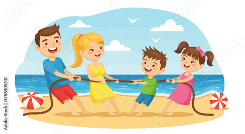 Family Fun Tug-of-War On A Sunny Beach, Joyous Times With Smiles And Sunshine on Sand