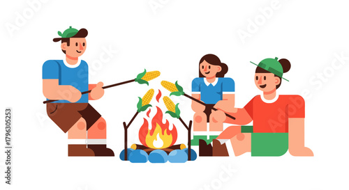 Family Gathered Around Campfire Preparing And Enjoying Sweet Corn For Dinner At Night