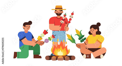 Family Gathered Around Campfire Preparing Delicacies On Skewers For Culinary Pleasure