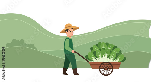 Farmer Harvesting Fresh Bok Choy Produce in a Field with Wooden Cart Full of Vegetables
