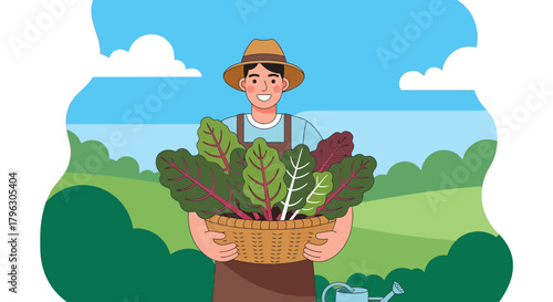 Farmer Holding A Basket Of Freshly Harvested Produce In A Verdant Garden Scene