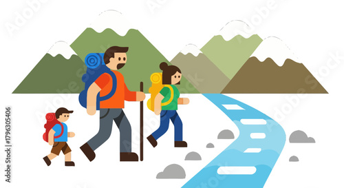 Family Hiking Adventure Depicted In Flat Illustration Overlooking Majestic Mountain Range