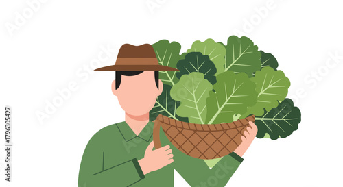 Farmer Holding A Basket Overflowing With Freshly Harvested Leafy Greens Produce