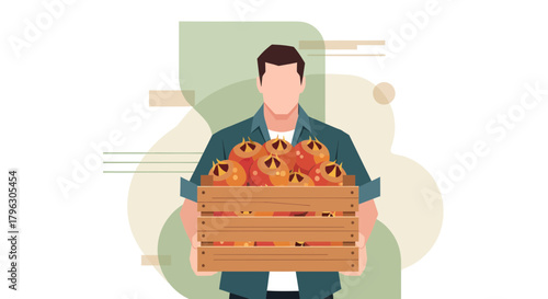 Farmer Holding A Wooden Crate Full Of Freshly Harvested Fruit In His Hands