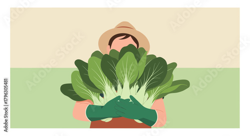 Farmer Holding Freshly Harvested Bok Choy Vegetables in a Graphic Digital Illustration