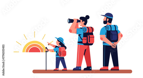 Family Hiking Adventure: Exploring Views Under Majestic Sun With Binoculars And Backpacks