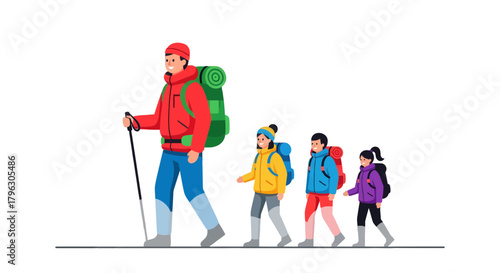 Family Hiking Adventure: Group Of Hikers Journeying Together On Black Background