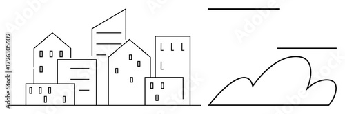 Geometric structures of buildings with windows and simple cloud outline. Ideal for urban living, architecture, real estate, design, development, minimal artistry, simple flat metaphor