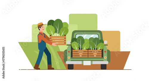 Farmer Loading Freshly Harvested Produce in Truck with Green Ecological Environment