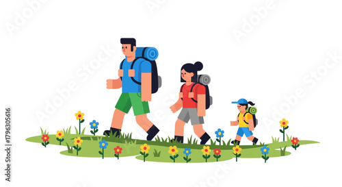 Family Hiking Adventure Through Scenic Views With Flowers Hiking Exploration Together
