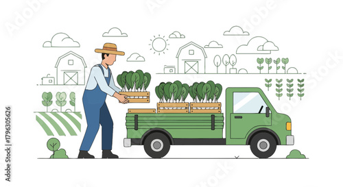 Farmer Loading Freshly Harvested Produce Into Truck for Delivery In Simple Illustration