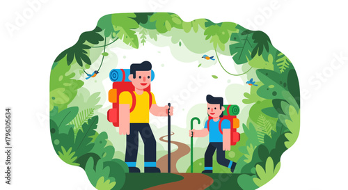 Family Hiking Adventure Through Lush Forest With Backpacks and Hiking Poles