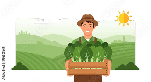 Farmer Smiling Holding Wooden Crate Full Of Fresh Greens And Sunny Weather