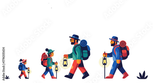 Family Hiking Adventure Through Darkness, Illuminating Path With Lanterns