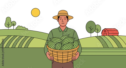 Farmer Smiling Holding a Basket Full of Watermelons in the Sunny Field