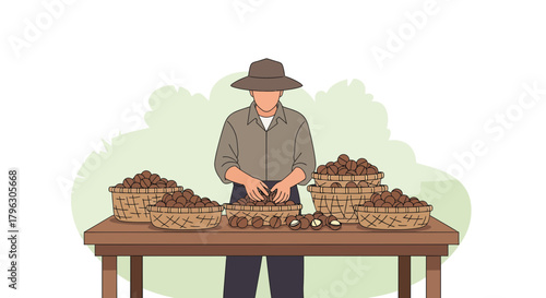 Farmer Sorting and Displaying Harvested Nuts in Woven Baskets on a Wooden Table