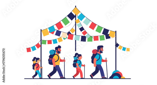 Family Hiking Adventure Under Colorful Flags, Embracing Travel and Journey Experiences