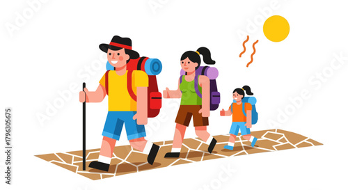 Family Hiking Adventure Under The Scorching Sun On A Desert Traverse Path