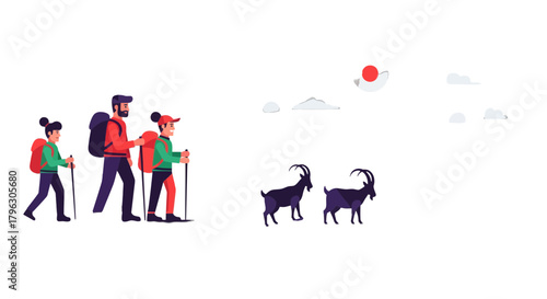 Family Hiking Adventure Under The Sky Witnessing Mountain Goats and A Scenic Landscape