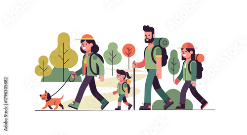 Family Hiking Adventure: Vector Illustration Of Outdoor Exploration Featuring a Dog And Trees
