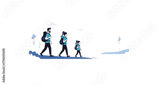 Family Hiking Adventure: Vector Illustrative Scene of People Backpacking in Nature