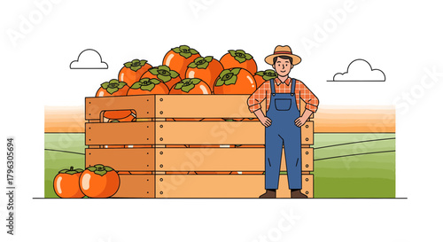 Farmer Standing Proudly Beside A Wooden Crate Full of Freshly Harvested Persimmons