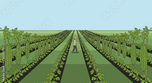 Farmer Strolling Through Bitter Gourd Rows Under Clear Azure Sky in Agrarian Field