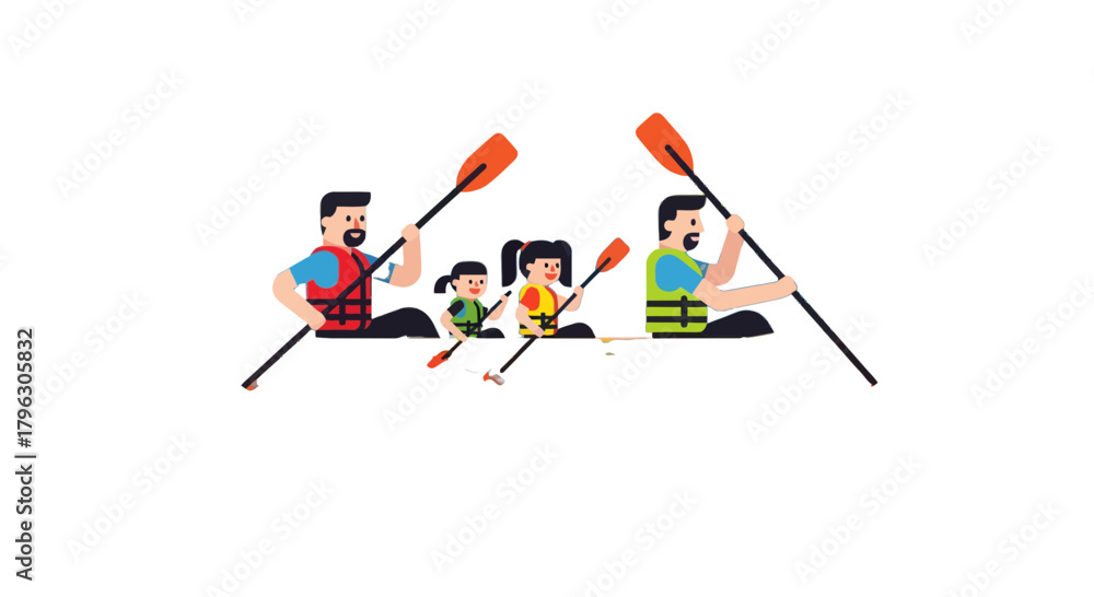 Fototapeta premium Family Kayaking Adventure: Vibrant Illustration of Outdoors Fun and Recreation