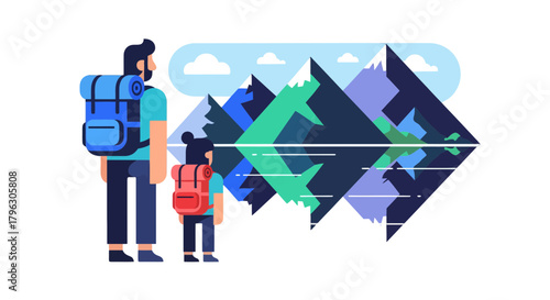 Father And Child Hiking Depicting a Mountainous Landscape Adventure In Nature