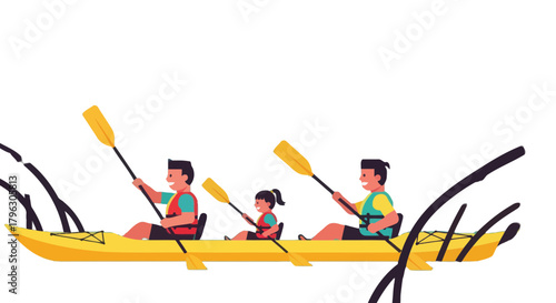 Family Kayaking Adventure: Cheerful People Enjoying Watersport on a Black Background