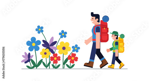 Father And Child Hiking Through A Blooming Meadow Of Colorful Wildflowers Together