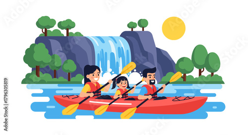 Family Kayaking Adventure Near Waterfall With The Moon In The Night Landscape